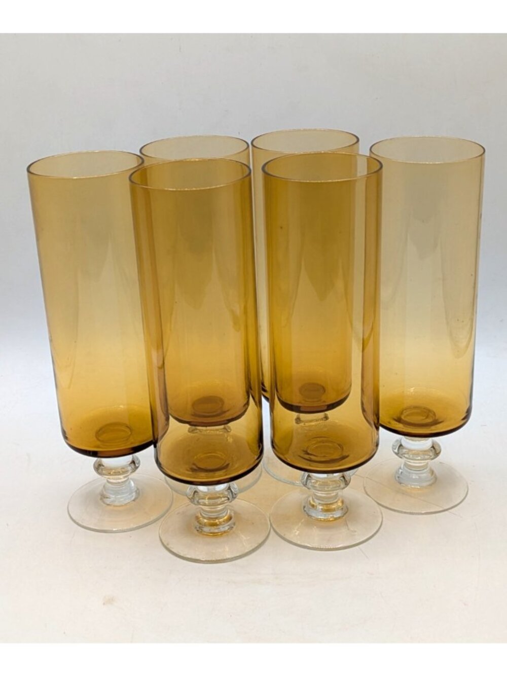Vintage Amber Glass Cylindrical Wine Cocktail Glasses Set Of 6 Clear Foot 10 oz